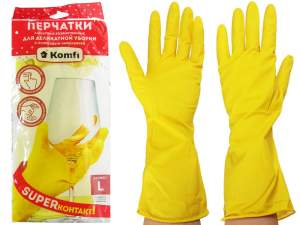 Купить Перчатки латексные Для деликатной уборки с х/б напылением L (желтые) Komfi
