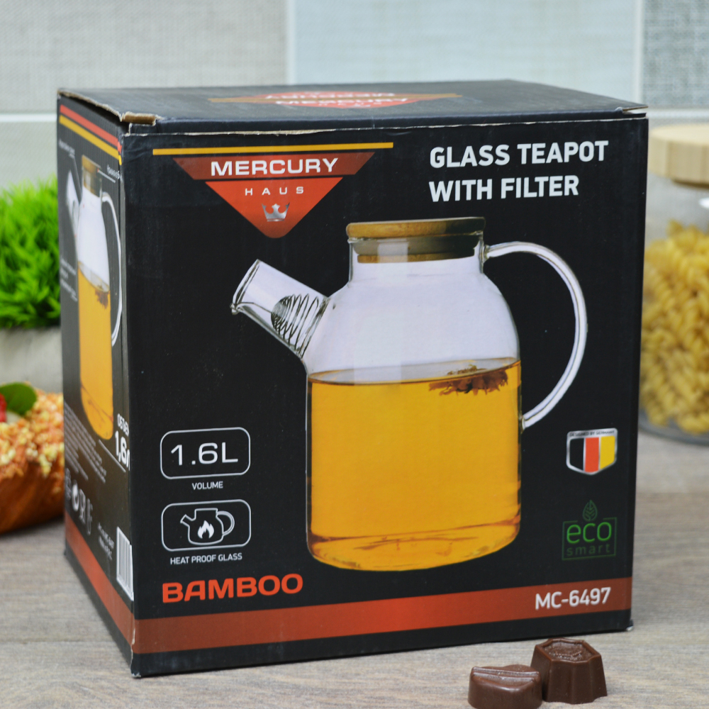 «Чайник заварочный 1,6л "MercuryHaus" стеклянный с бамбуковой крышкой, MC-6497» - фото 2