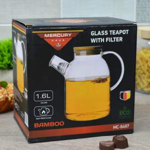 «Чайник заварочный 1,6л "MercuryHaus" стеклянный с бамбуковой крышкой, MC-6497» - фото 2